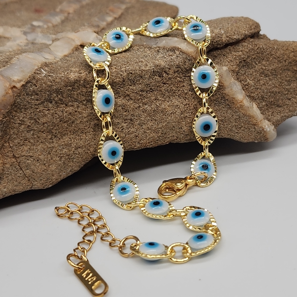 FP Designer Artisan Blue Evil Eye 14 kt Gold plated Bracelet/Chain
